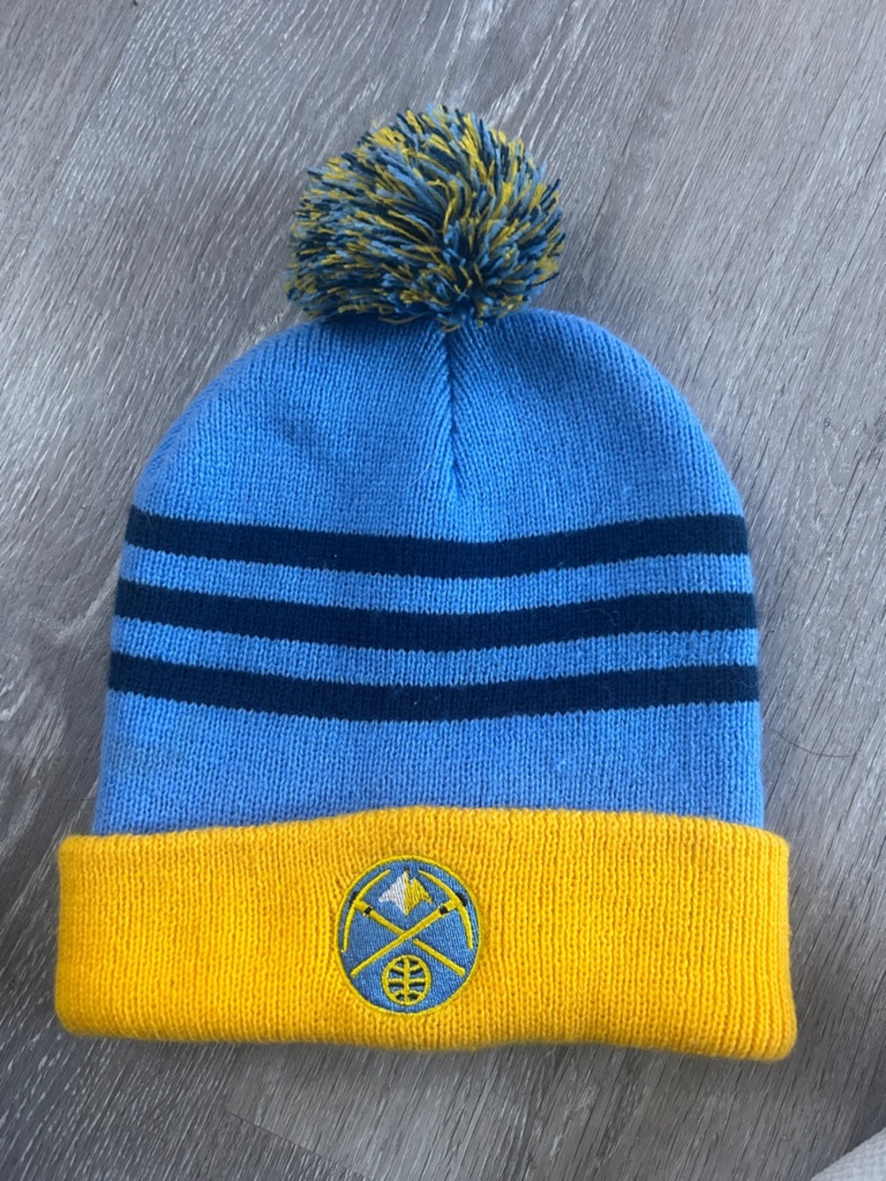 Denver Nuggets Stretchy Beanie Hat with Pom Pom Blue & Yellow One Size